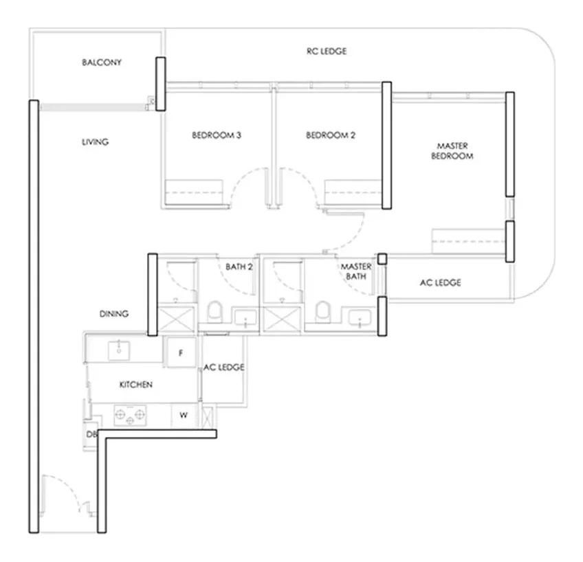 Example 3-bedroom floor plan layout for Linktown Residence, for illustration only