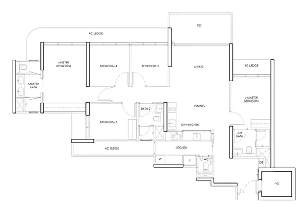 Example 5-bedroom floor plan layout for Linktown Residence, for illustration only