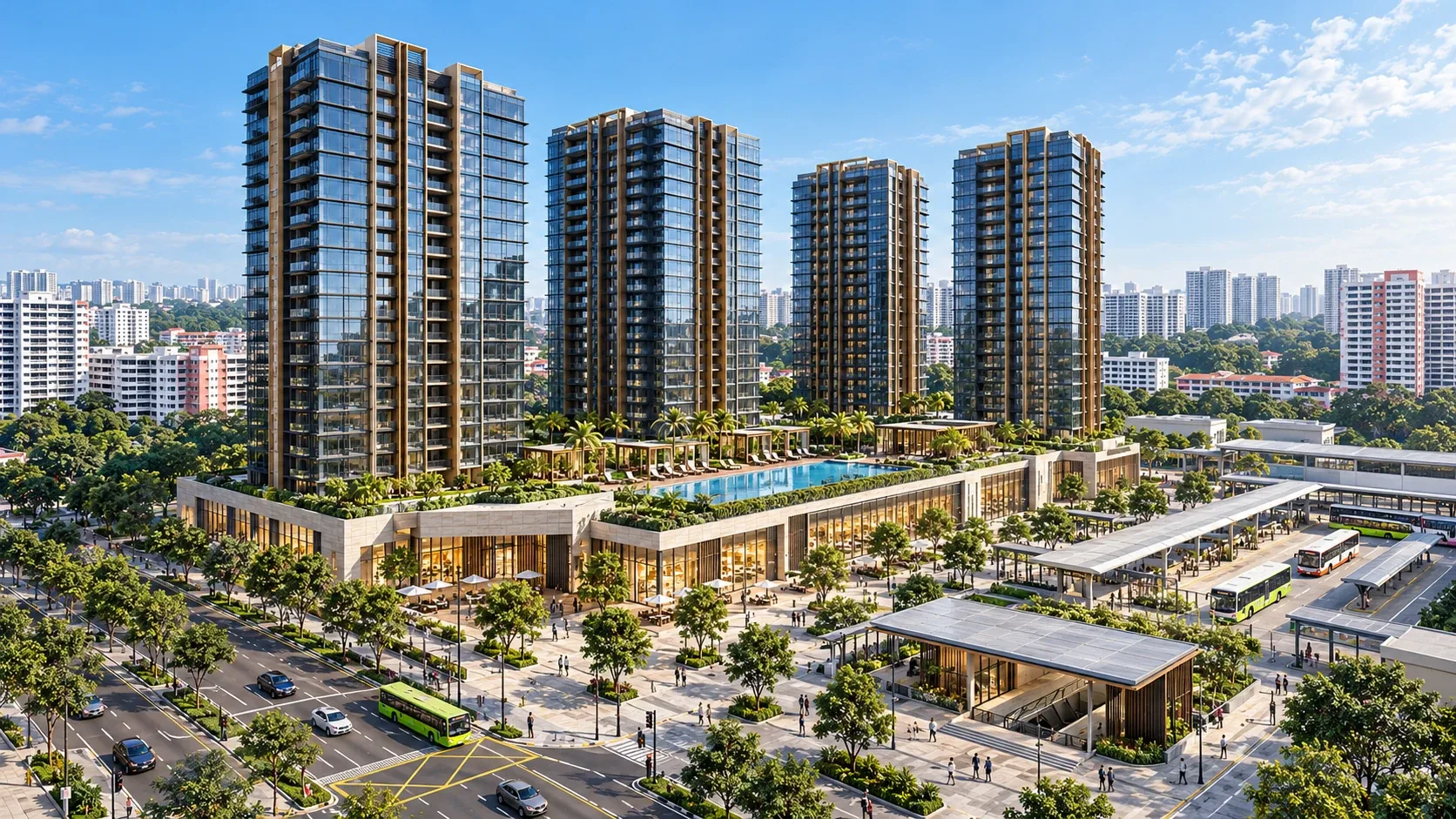 Artist's impression of Linktown Residence with the bus interchange and MRT entrance at Hougang Central