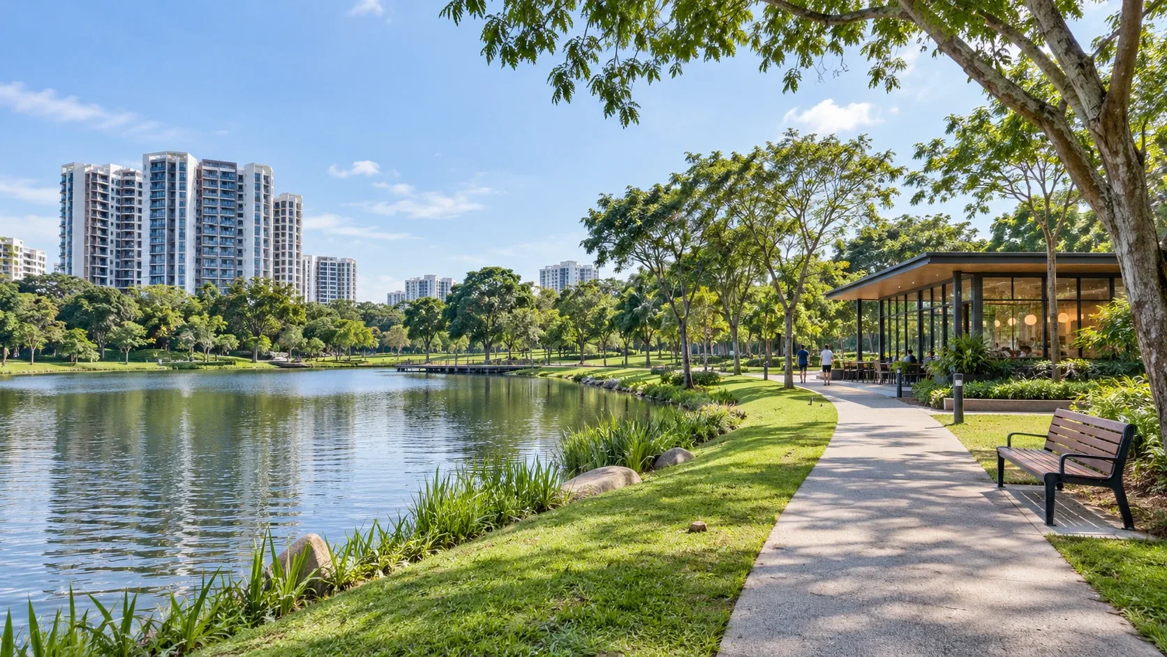 Illustration of a lakeside park walk with homes in the background