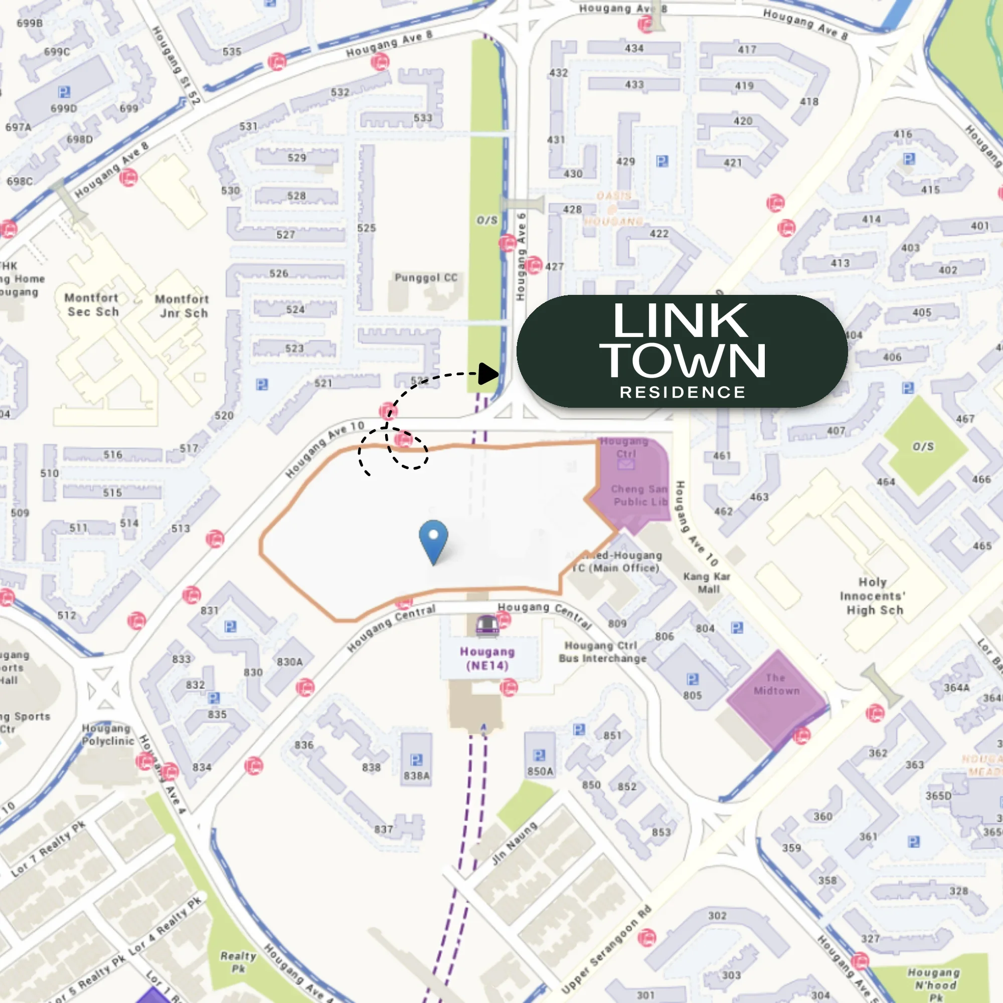 Location map of Linktown Residence at Hougang Central, next to Hougang MRT station and Hougang Mall